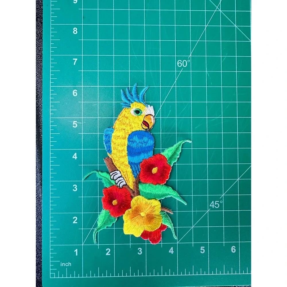 Tropical Parrot Iron On Patch Embroidered Floral Applique Mohawk Bird Flower DIY